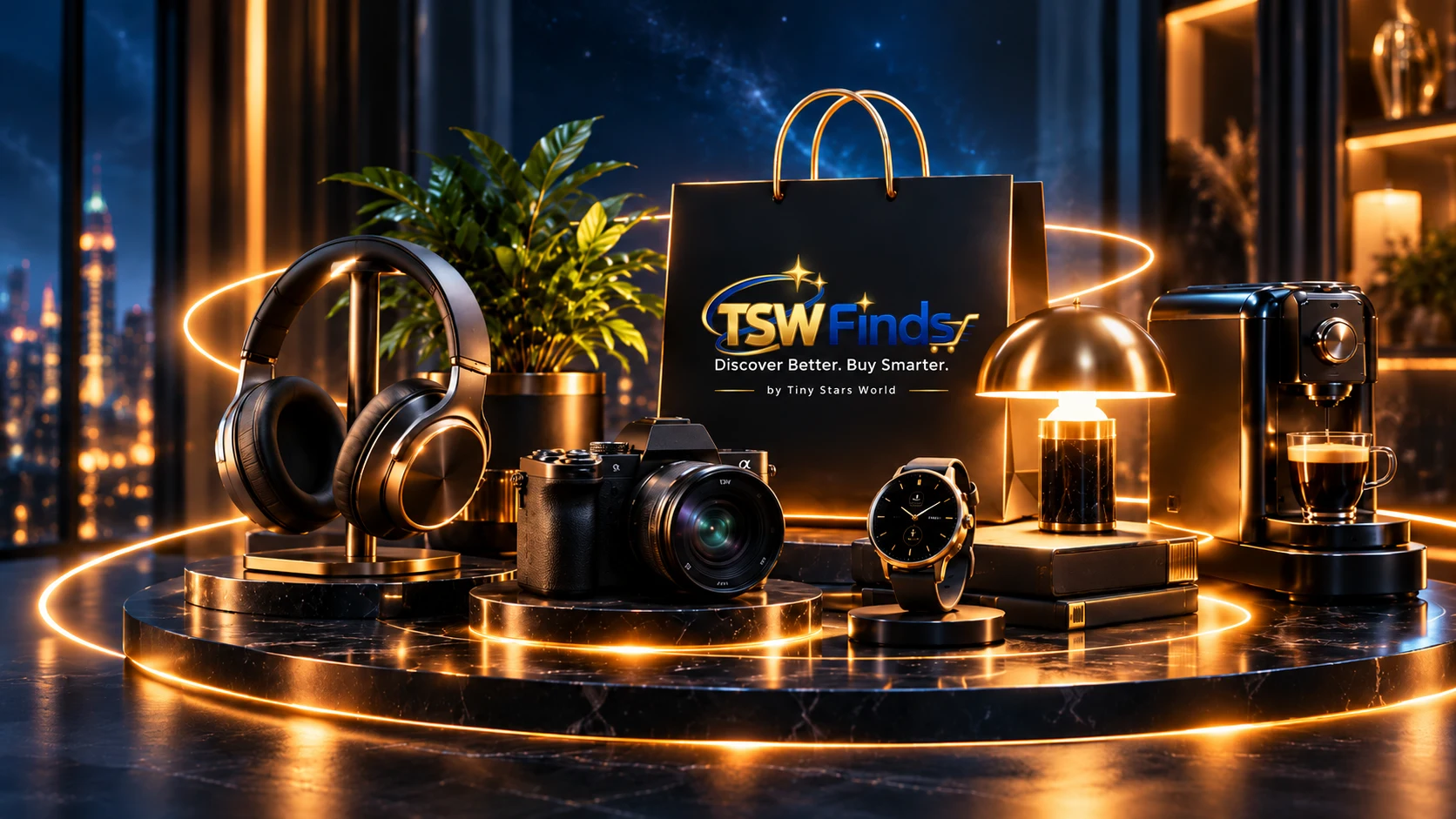 TSW Finds luxury nighttime showcase with headphones, camera, smartwatch, lamp and coffee maker